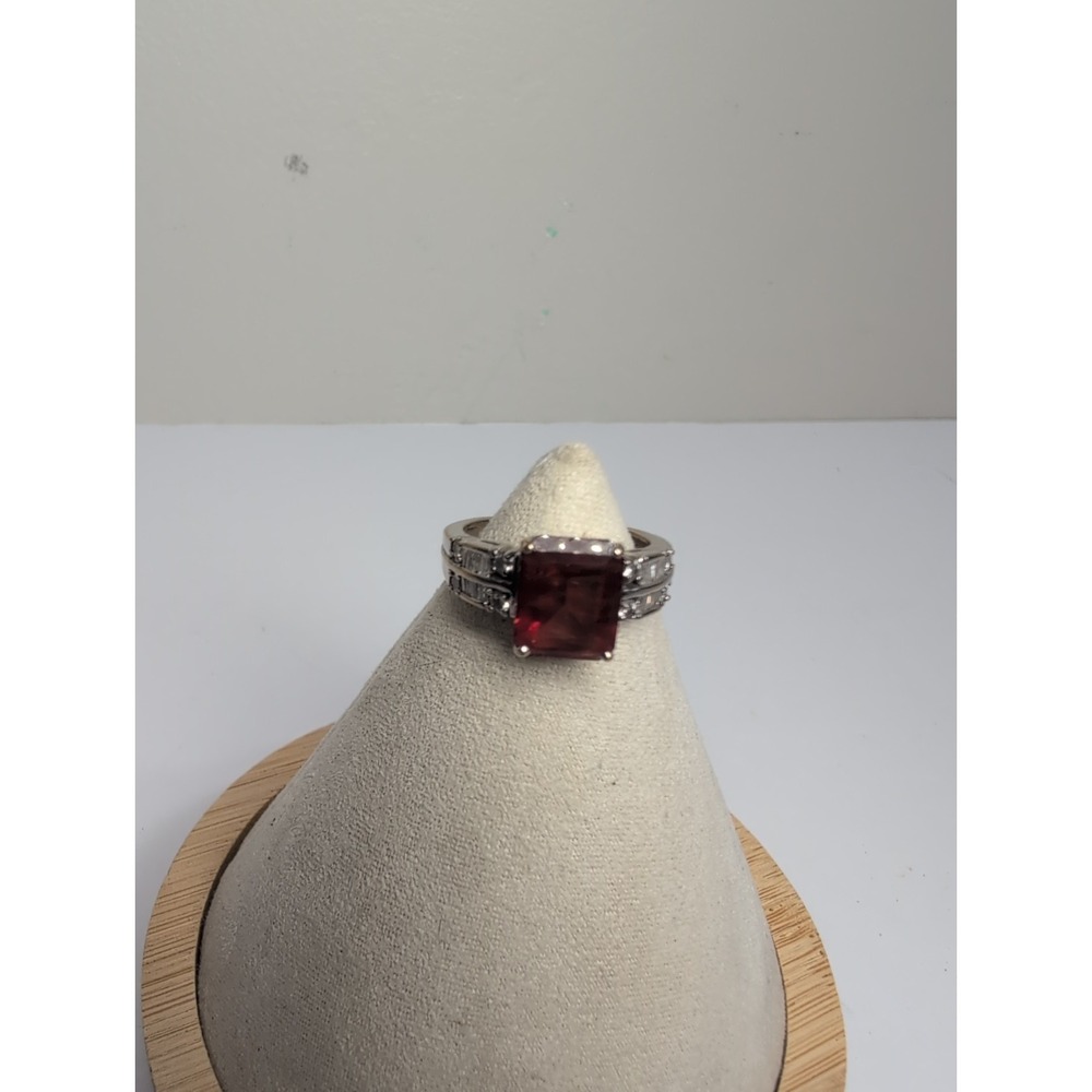 Vintage 14k White Gold Garnet With Diamonds Filigree Gypsy Ring Size 9